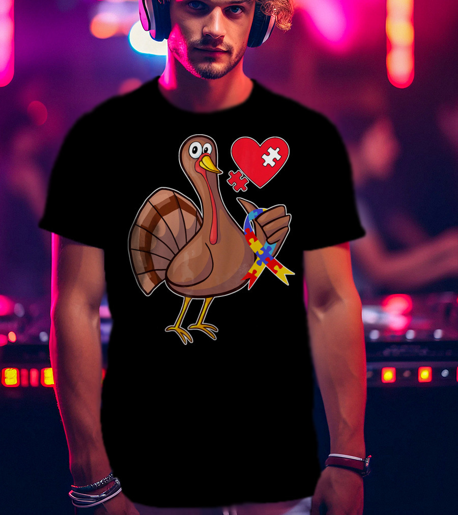 Funny Autism Awareness Turkey Heart Puzzle T-Shirt