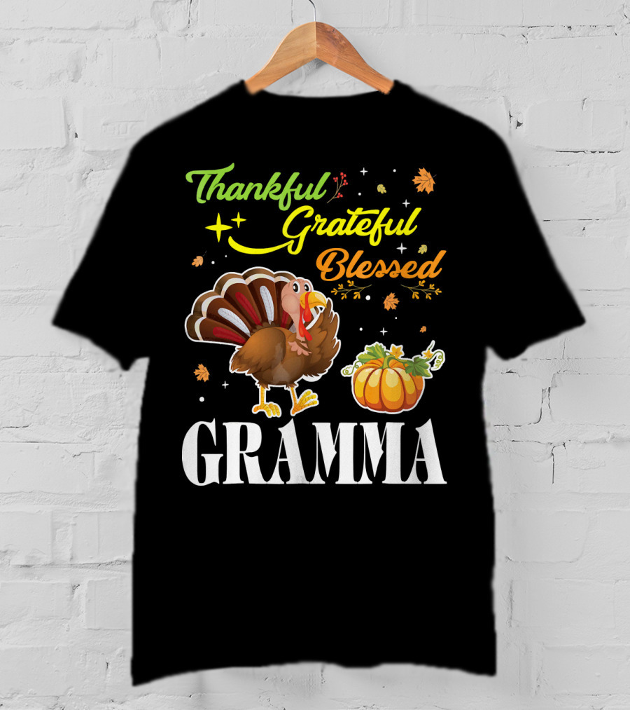 Thankful Grateful Blessed Gramma Turkey Pumpkin Thanksgiving Fall Leaves T-Shirt