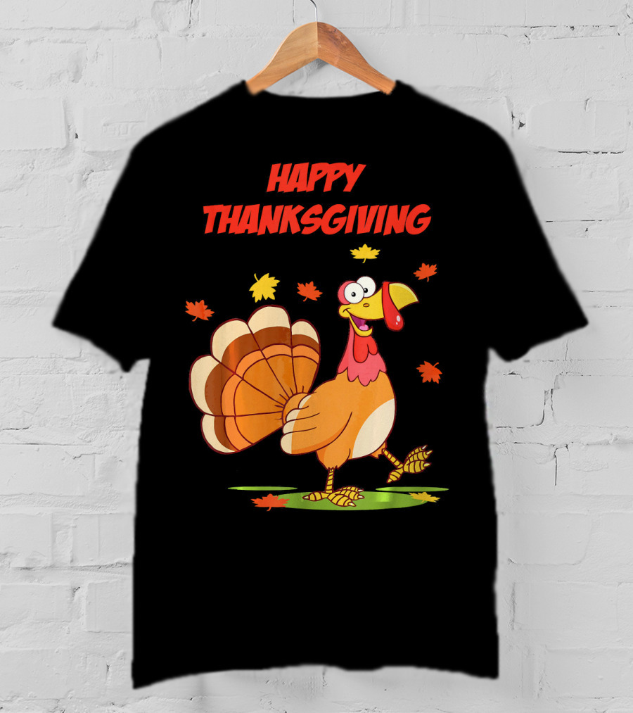 Happy Thanksgiving Funny Turkey Festive Cartoon With Falling Leaves T-Shirt
