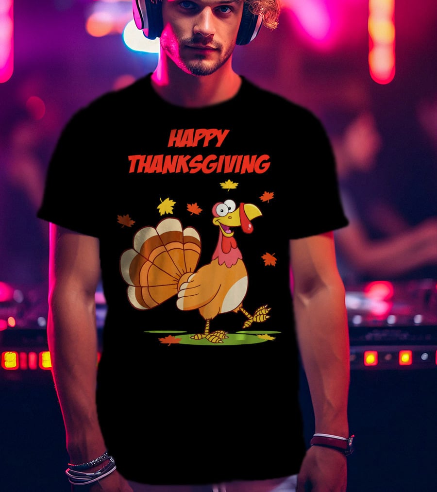 Happy Thanksgiving Funny Turkey Festive Cartoon With Falling Leaves T-Shirt