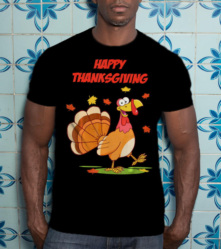 Happy Thanksgiving Funny Turkey Festive Cartoon With Falling Leaves T-Shirt
