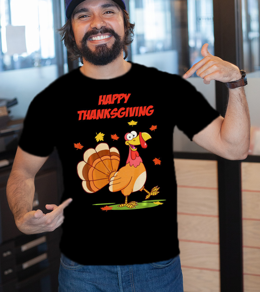 Happy Thanksgiving Funny Turkey Festive Cartoon With Falling Leaves T-Shirt