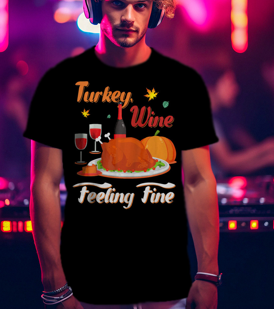 Turkey Wine Feeling Fine Thanksgiving Dinner Pumpkin Autumn Leaves T-Shirt
