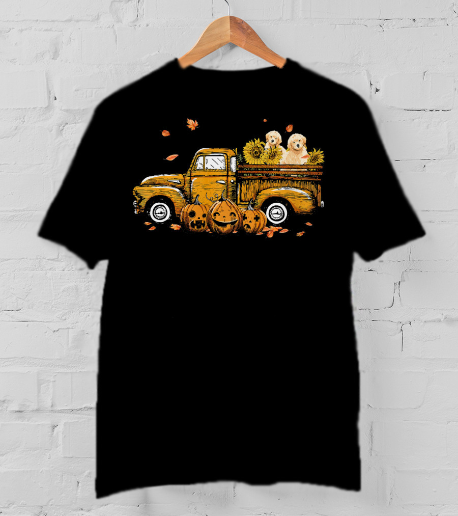 Pumpkin Truck With Sunflowers And Dogs Halloween Scene T-Shirt