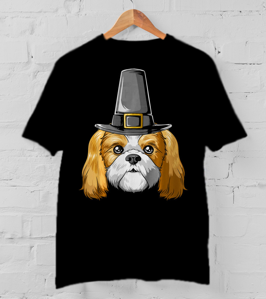 Shih Tzu Wearing Pilgrim Hat Thanksgiving T-Shirt