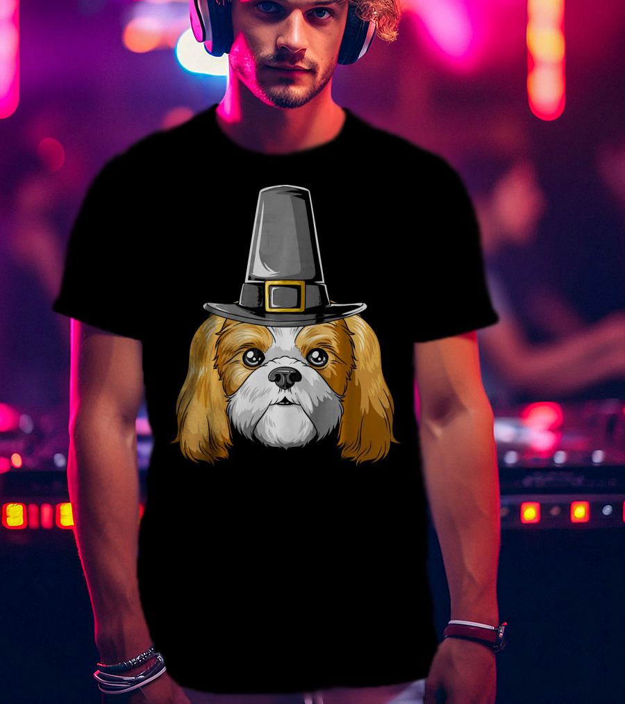 Shih Tzu Wearing Pilgrim Hat Thanksgiving T-Shirt