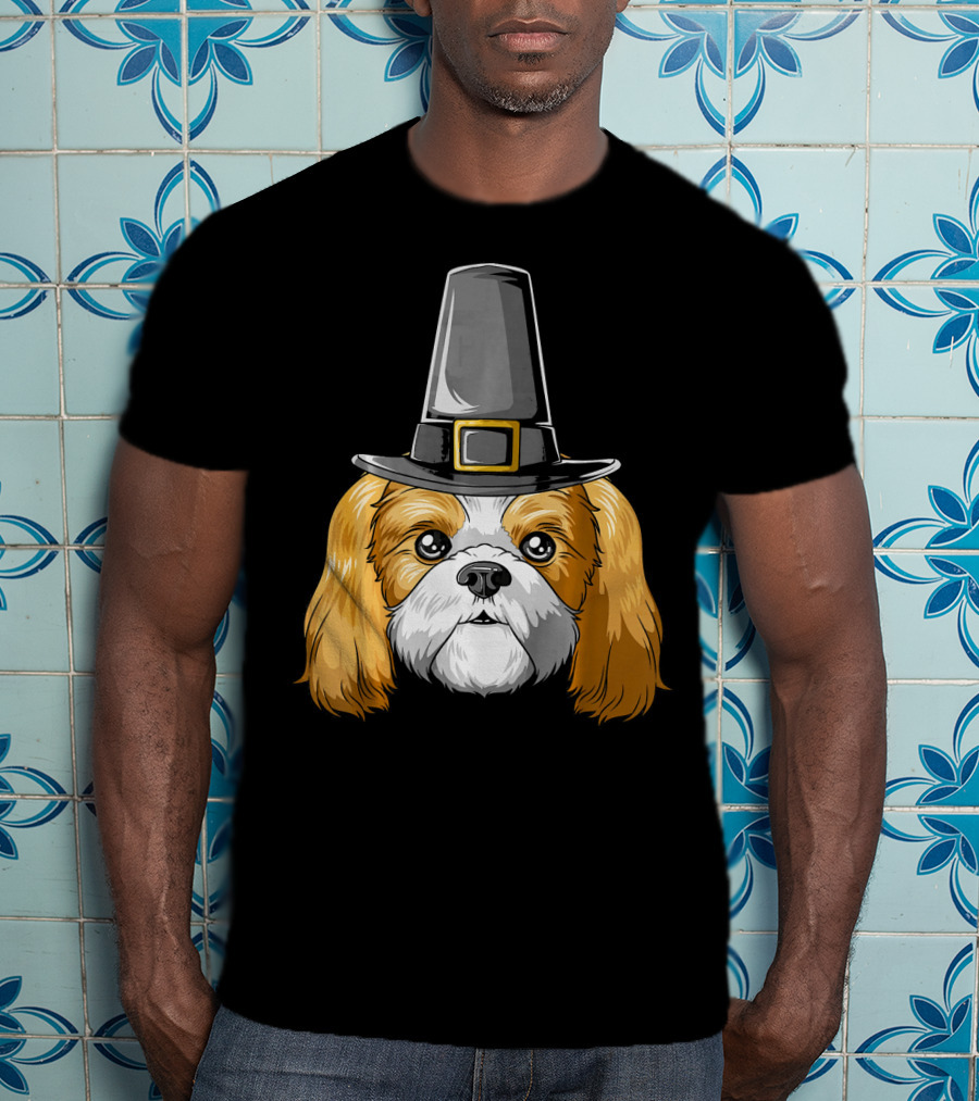 Shih Tzu Wearing Pilgrim Hat Thanksgiving T-Shirt