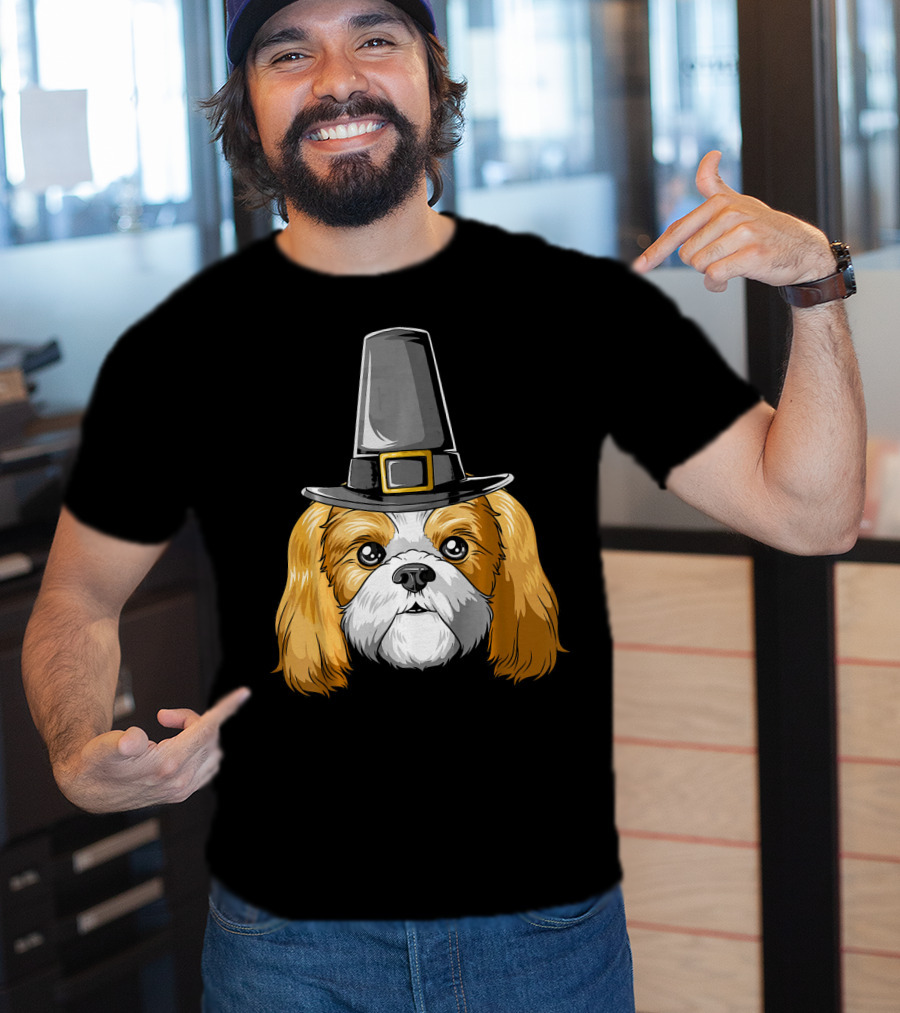 Shih Tzu Wearing Pilgrim Hat Thanksgiving T-Shirt