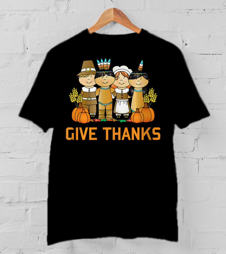 Give Thanks Pumpkin Harvest Pilgrim Native American T-Shirt