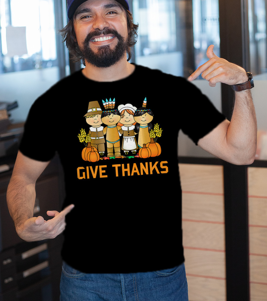 Give Thanks Pumpkin Harvest Pilgrim Native American T-Shirt