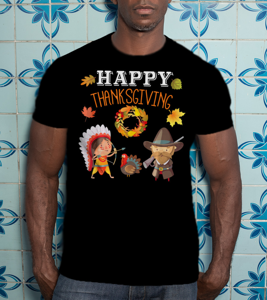 Thanksgiving Celebration With Native American And Pilgrim Turkey T-Shirt