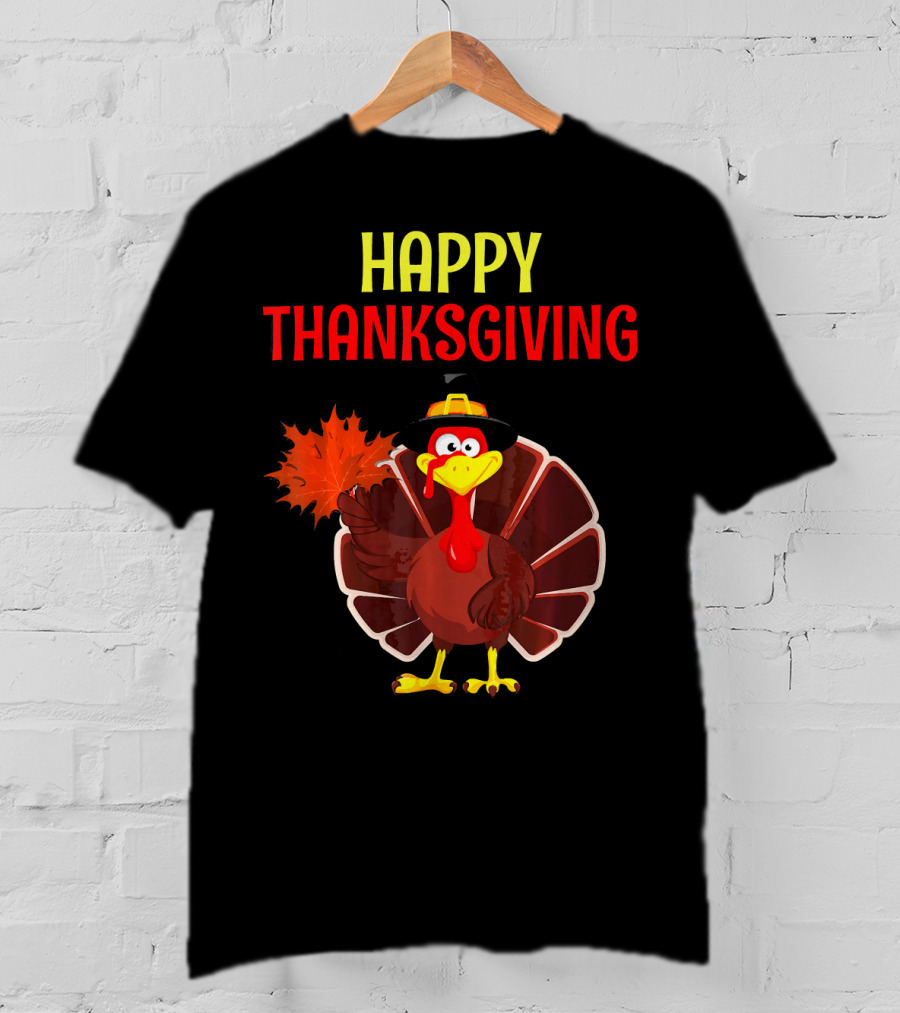 HAPPY THANKSGIVING Turkey Holding Leaf T-Shirt