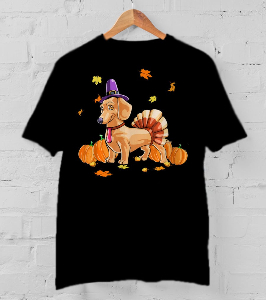 Happy Thanksgiving Dachshund Dressed As Turkey With Pumpkins And Fall Leaves T-Shirt