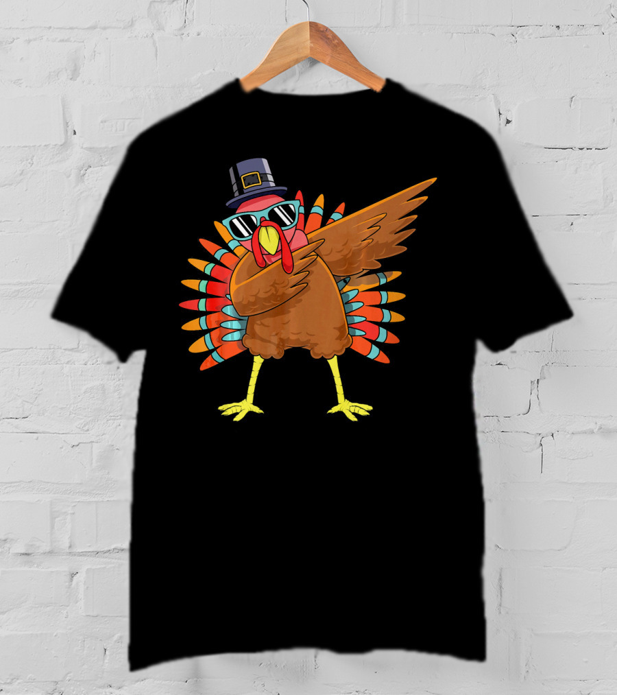 Funny Dabbing Turkey Dab Thanksgiving Bo Thanksgiving Turkey Dab Pilgrim Hat Sunglasses T-Shirt