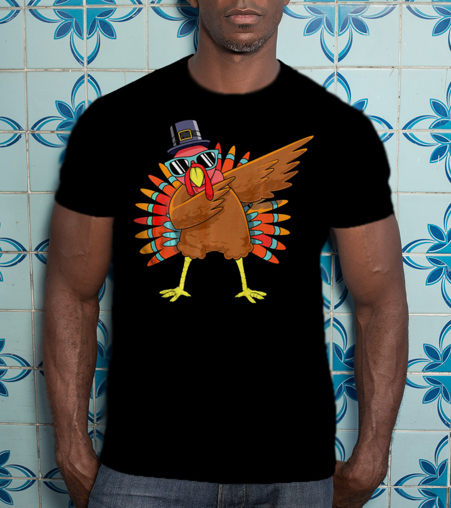 Funny Dabbing Turkey Dab Thanksgiving Bo Thanksgiving Turkey Dab Pilgrim Hat Sunglasses T-Shirt