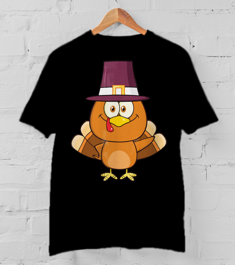 Cute Turkey Pilgrim With Hat And Feathered Wings T-Shirt