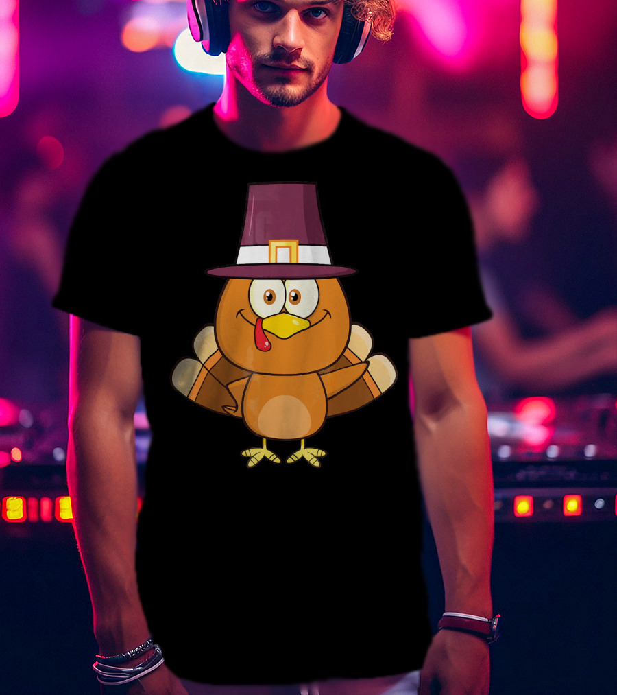 Cute Turkey Pilgrim With Hat And Feathered Wings T-Shirt