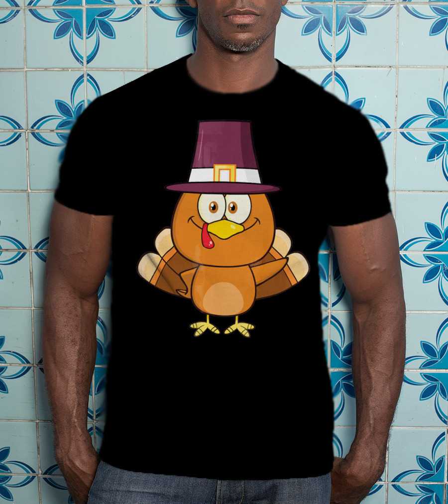 Cute Turkey Pilgrim With Hat And Feathered Wings T-Shirt