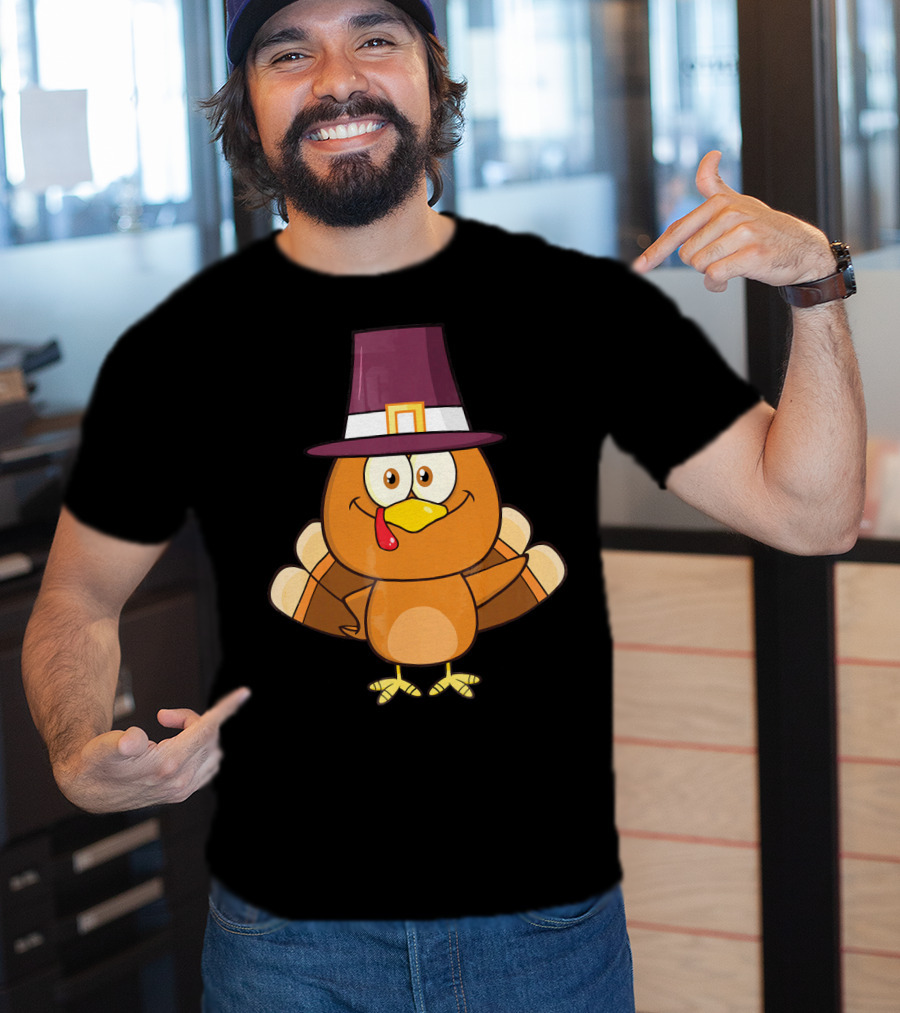 Cute Turkey Pilgrim With Hat And Feathered Wings T-Shirt