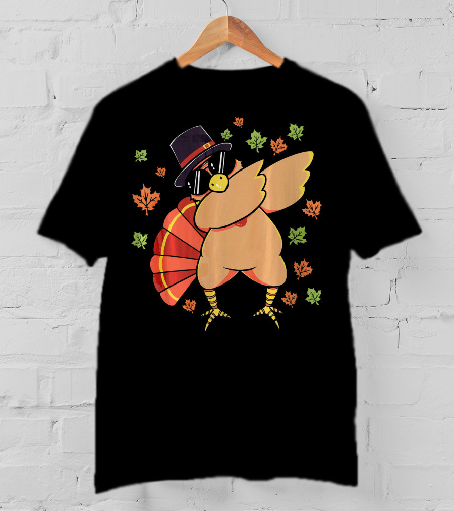 Cute Dabbing Turkey With Sunglasses And Pilgrim Hat Surrounded By Autumn Leaves T-Shirt