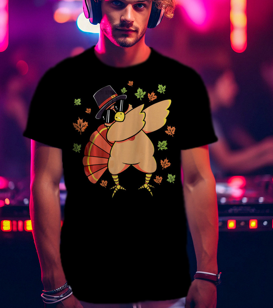 Cute Dabbing Turkey With Sunglasses And Pilgrim Hat Surrounded By Autumn Leaves T-Shirt