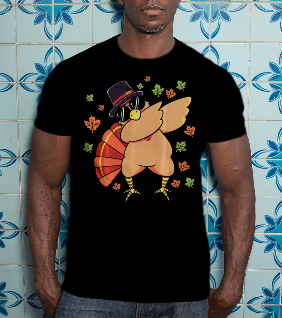 Cute Dabbing Turkey With Sunglasses And Pilgrim Hat Surrounded By Autumn Leaves T-Shirt