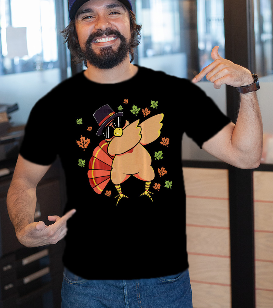 Cute Dabbing Turkey With Sunglasses And Pilgrim Hat Surrounded By Autumn Leaves T-Shirt