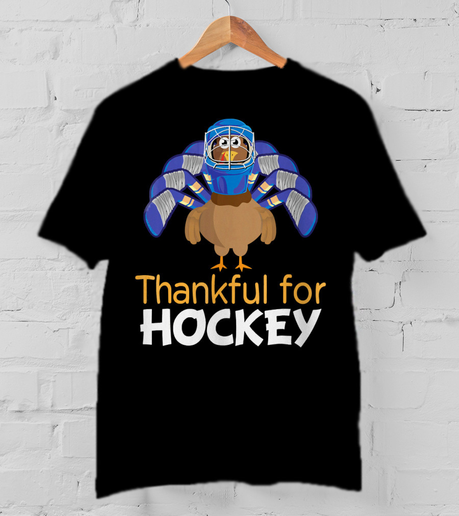 Thankful For Hockey Funny Turkey With Goalie Mask And Stick Feathers T-Shirt