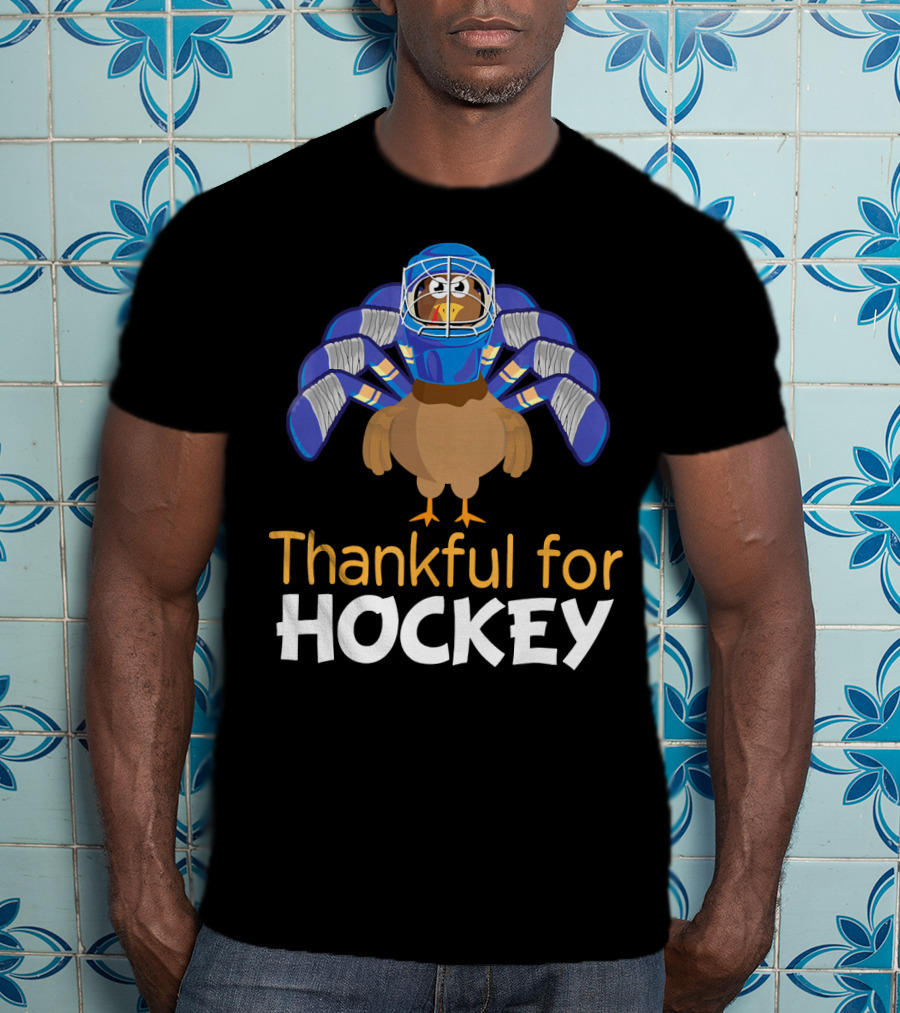 Thankful For Hockey Funny Turkey With Goalie Mask And Stick Feathers T-Shirt