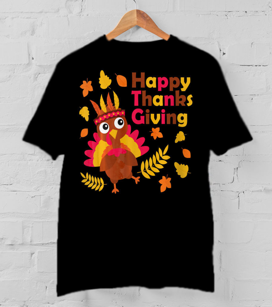 Happy Thanksgiving Cute Turkey With Native American Inspired Details And Autumn Leaves T-Shirt