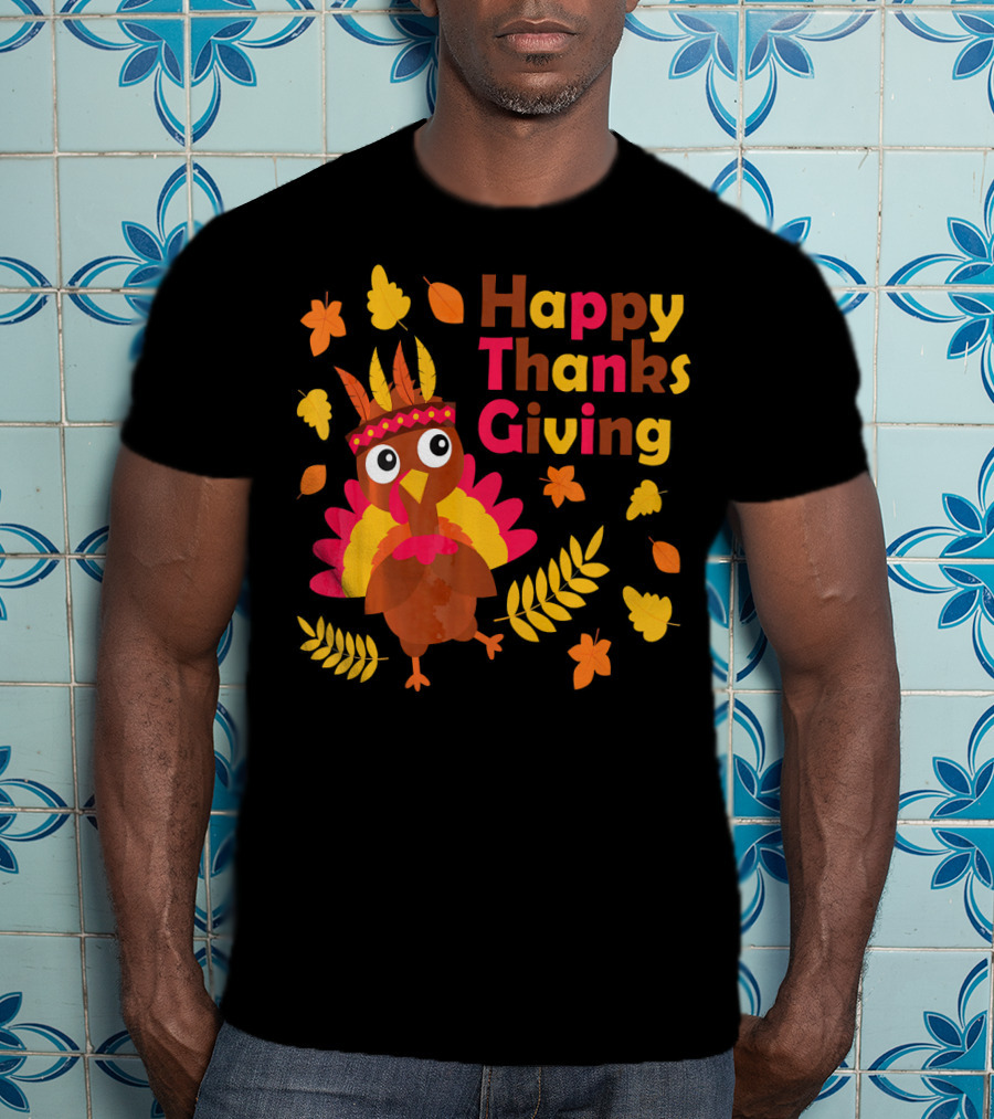 Happy Thanksgiving Cute Turkey With Native American Inspired Details And Autumn Leaves T-Shirt