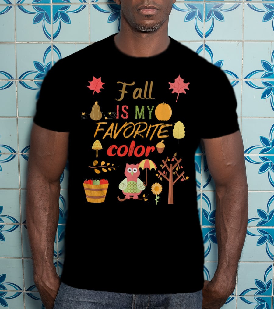 Fall Is My Favorite Color Owl With Umbrella Autumn Harvest Leaves Pumpkin Acorn T-Shirt