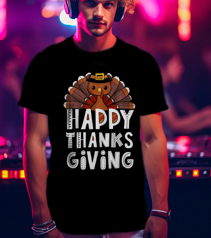 Happy Thanksgiving Funny Turkey Day With Pilgrim Hat T-Shirt