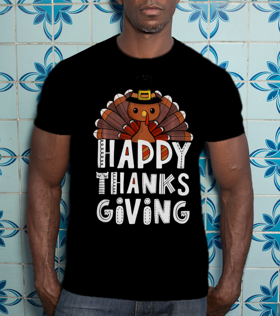 Happy Thanksgiving Funny Turkey Day With Pilgrim Hat T-Shirt