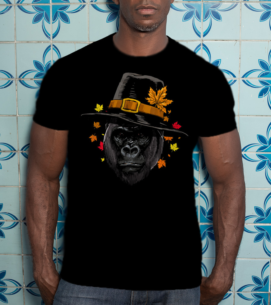Thanksgiving Gorilla In Pilgrim Hat With Autumn Leaves T-Shirt