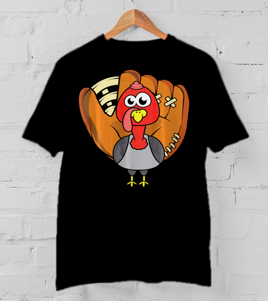 Turkey Day Cute Thanksgiving Boys Turkey With Baseball Glove T-Shirt