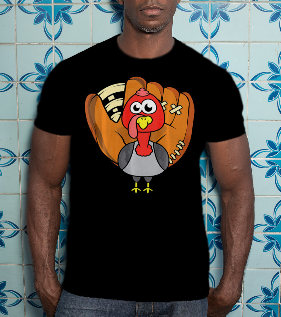 Turkey Day Cute Thanksgiving Boys Turkey With Baseball Glove T-Shirt