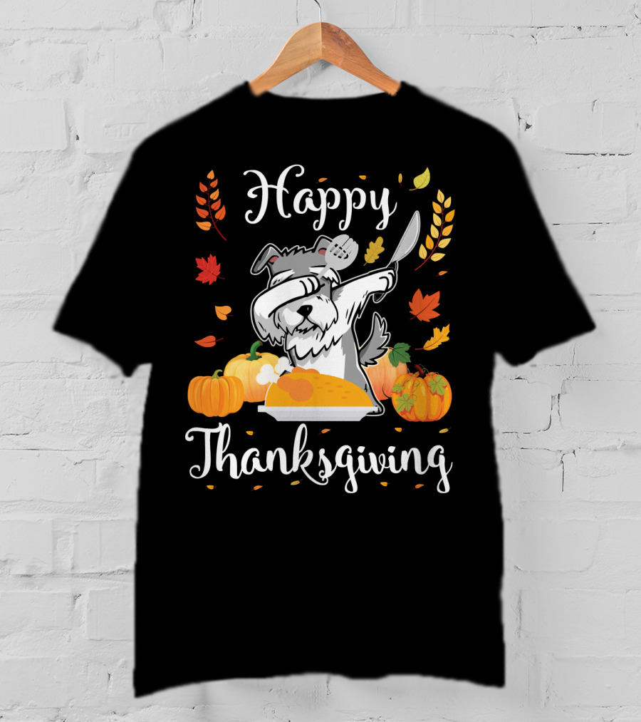 Happy Thanksgiving Schnauzer Dabbing With Turkey And Pumpkins T-Shirt
