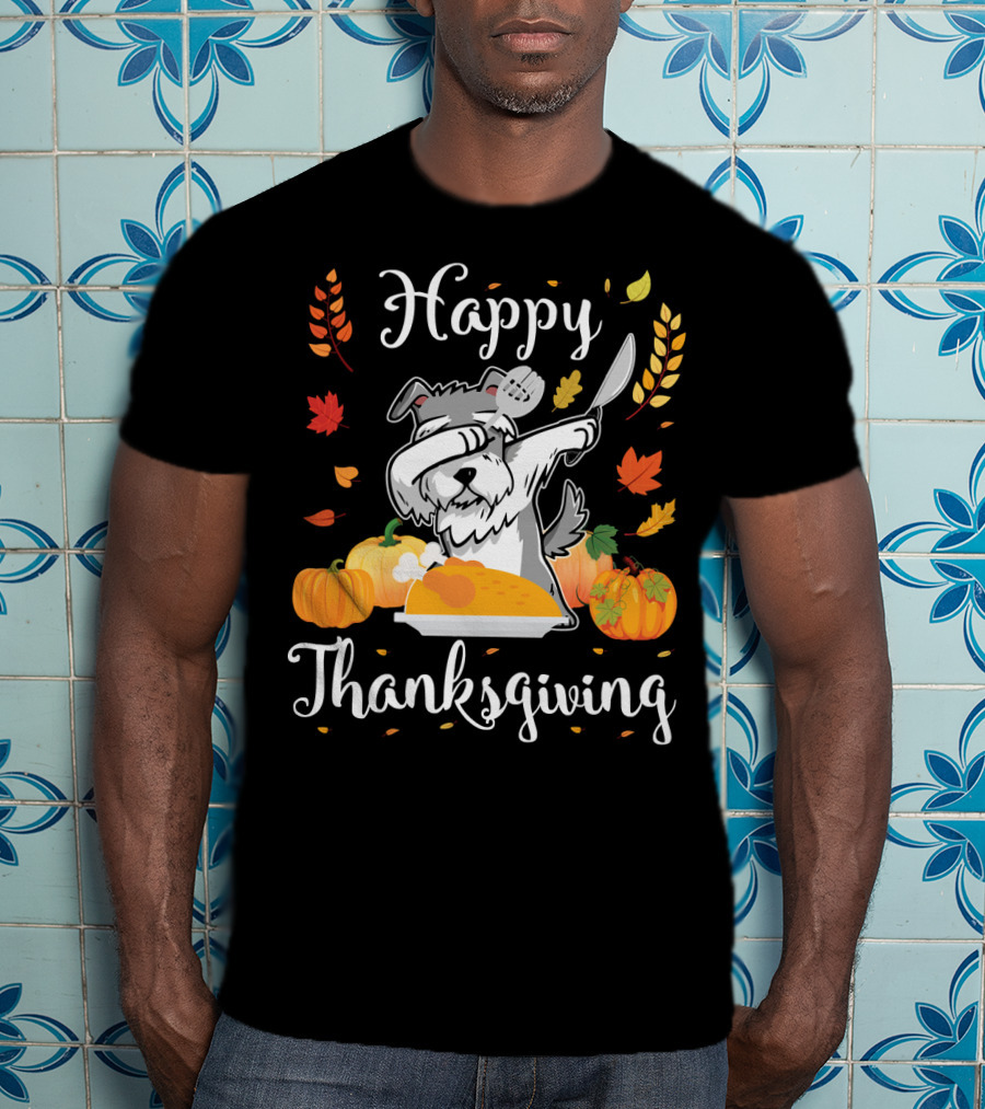Happy Thanksgiving Schnauzer Dabbing With Turkey And Pumpkins T-Shirt
