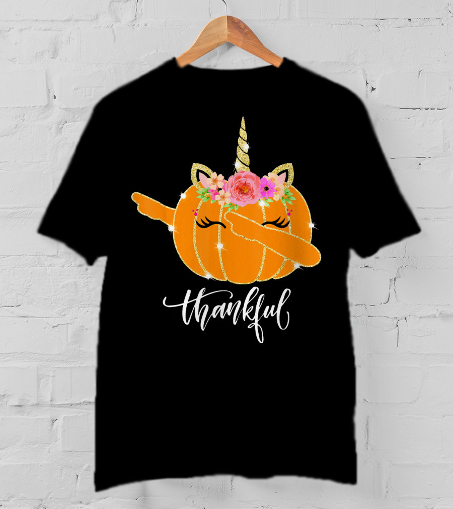 Thankful Dabbing Pumpkin Unicorn With Floral Crown T-Shirt