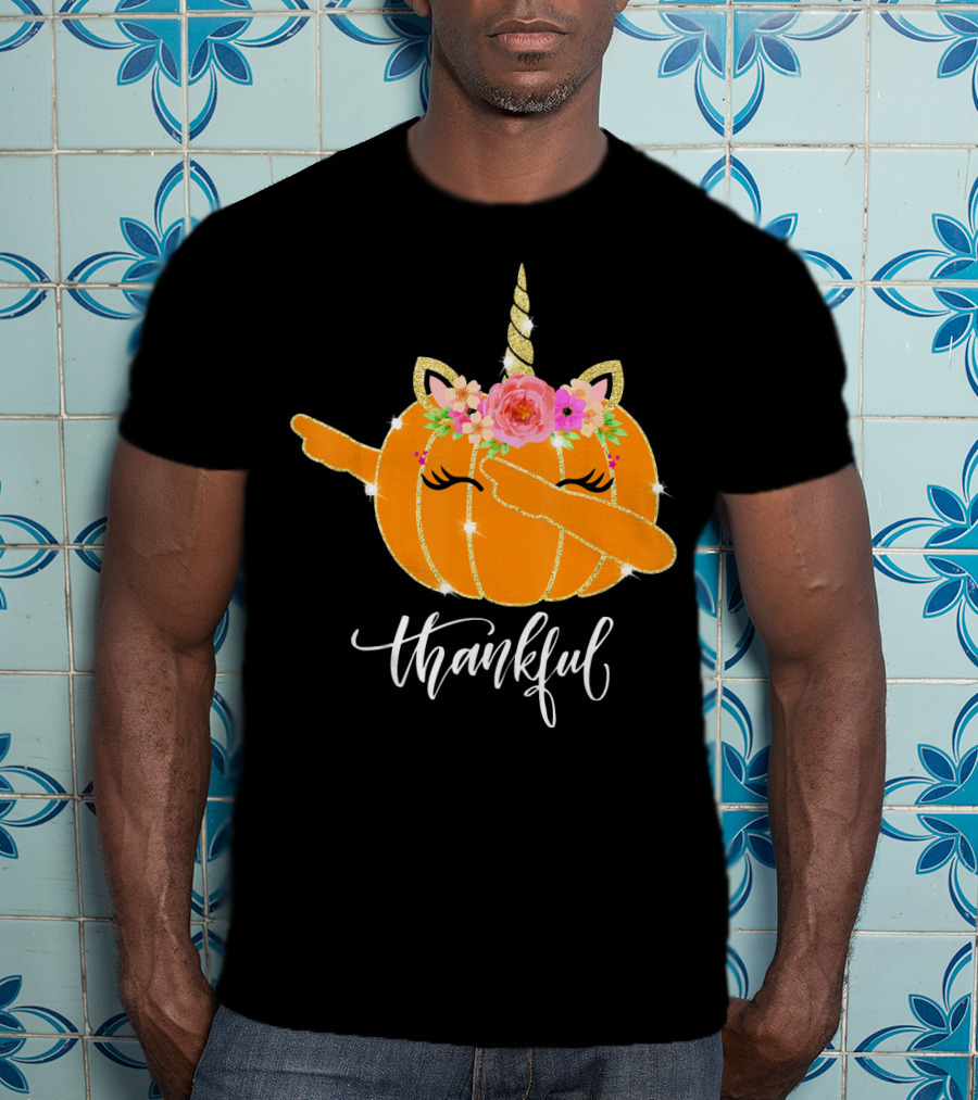Thankful Dabbing Pumpkin Unicorn With Floral Crown T-Shirt