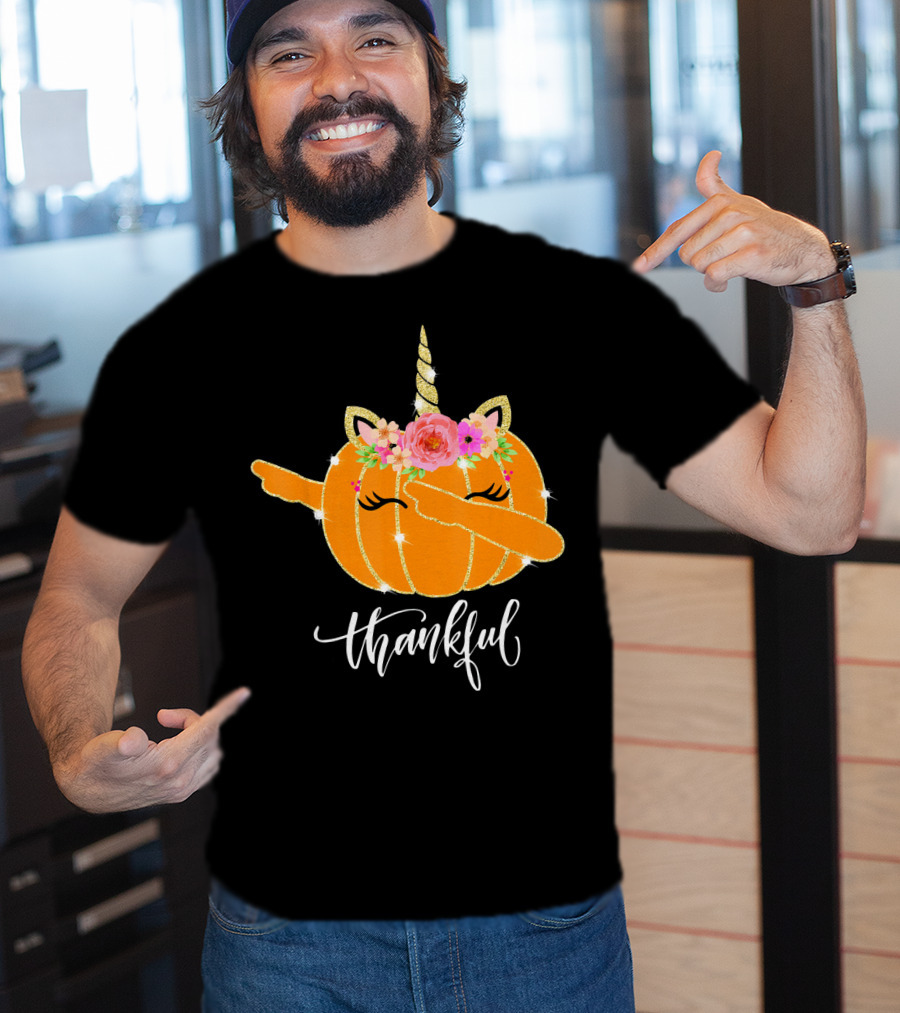 Thankful Dabbing Pumpkin Unicorn With Floral Crown T-Shirt