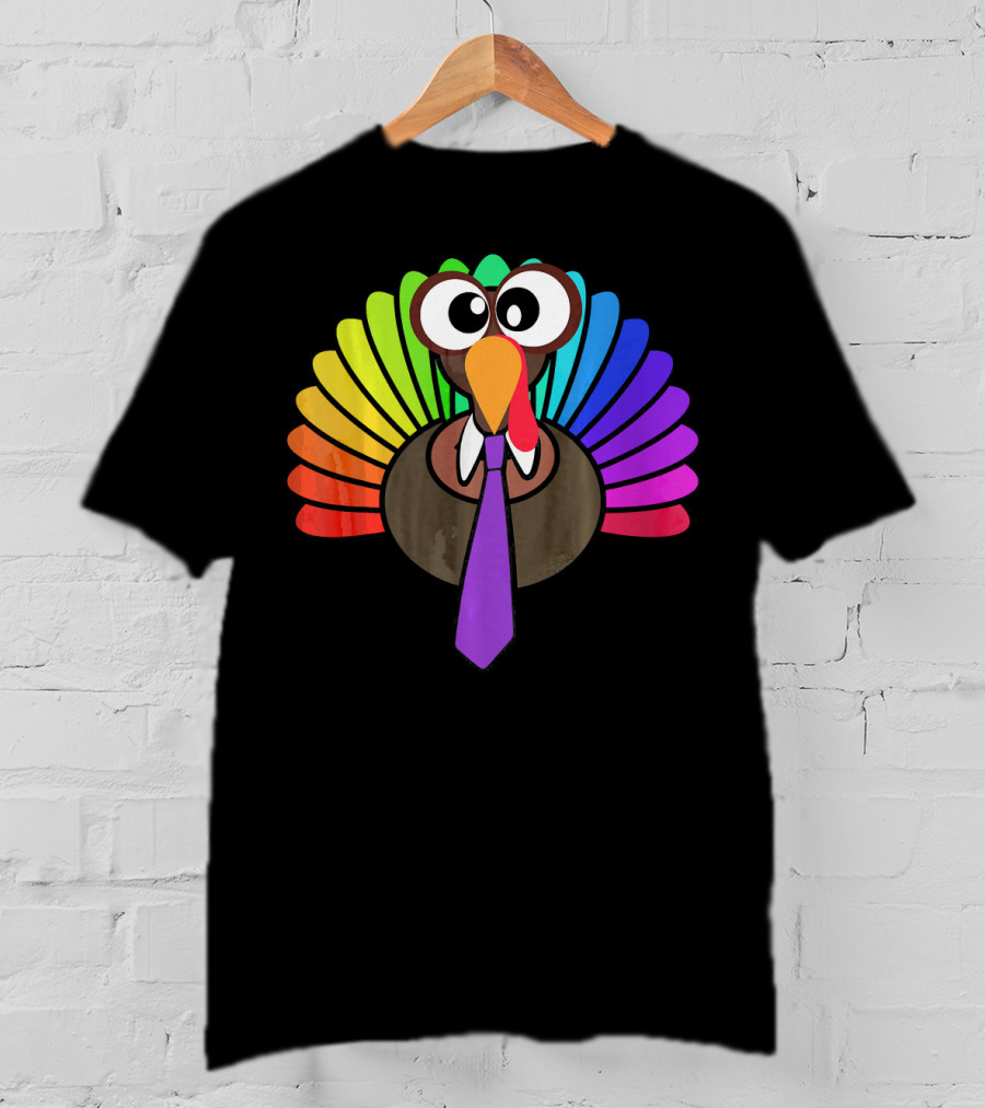 Turkey Face Tie Thanksgiving Colorful Feathers T-Shirt