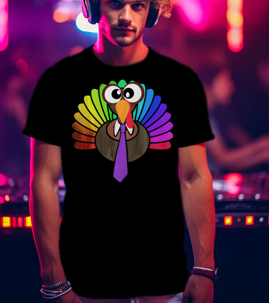Turkey Face Tie Thanksgiving Colorful Feathers T-Shirt