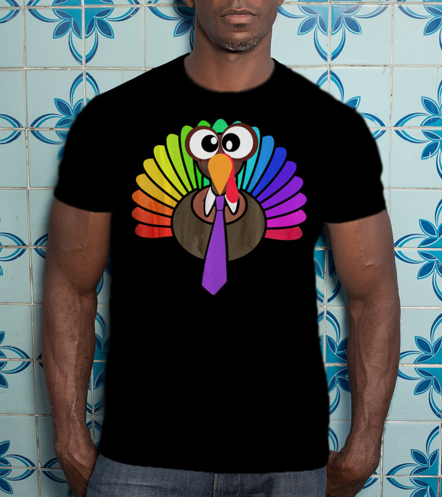 Turkey Face Tie Thanksgiving Colorful Feathers T-Shirt