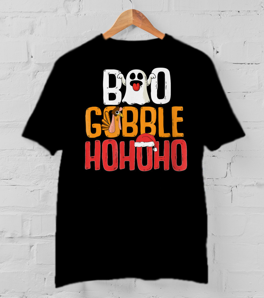 BOO GOBBLE HOHOHO Ghost Turkey Santa Hat T-Shirt