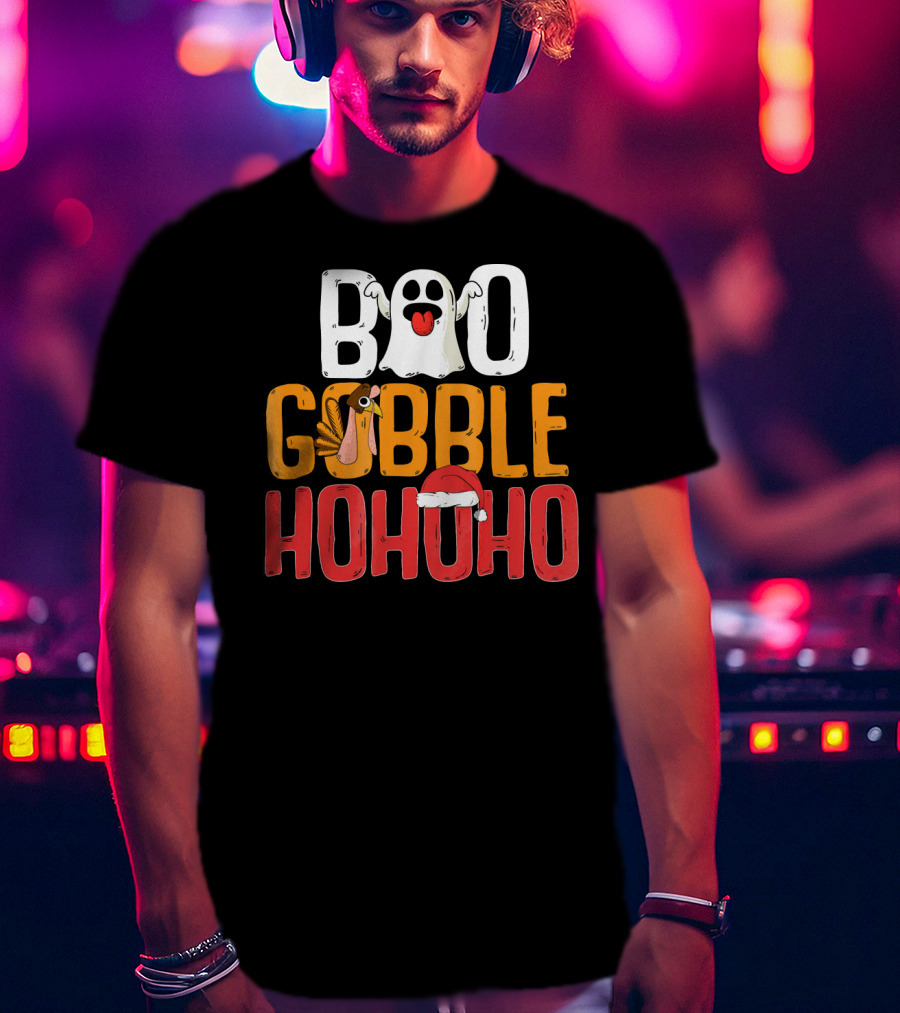 BOO GOBBLE HOHOHO Ghost Turkey Santa Hat T-Shirt