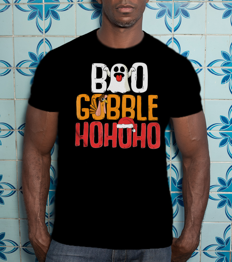 BOO GOBBLE HOHOHO Ghost Turkey Santa Hat T-Shirt