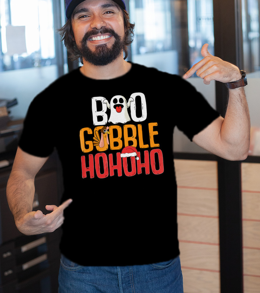 BOO GOBBLE HOHOHO Ghost Turkey Santa Hat T-Shirt
