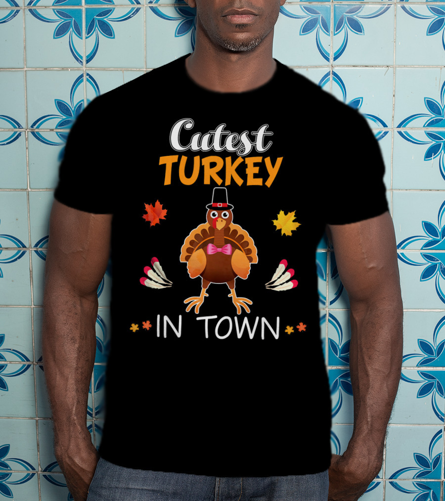Cutest Turkey In Town Cute Turkey Fall Leaves Bowtie T-Shirt